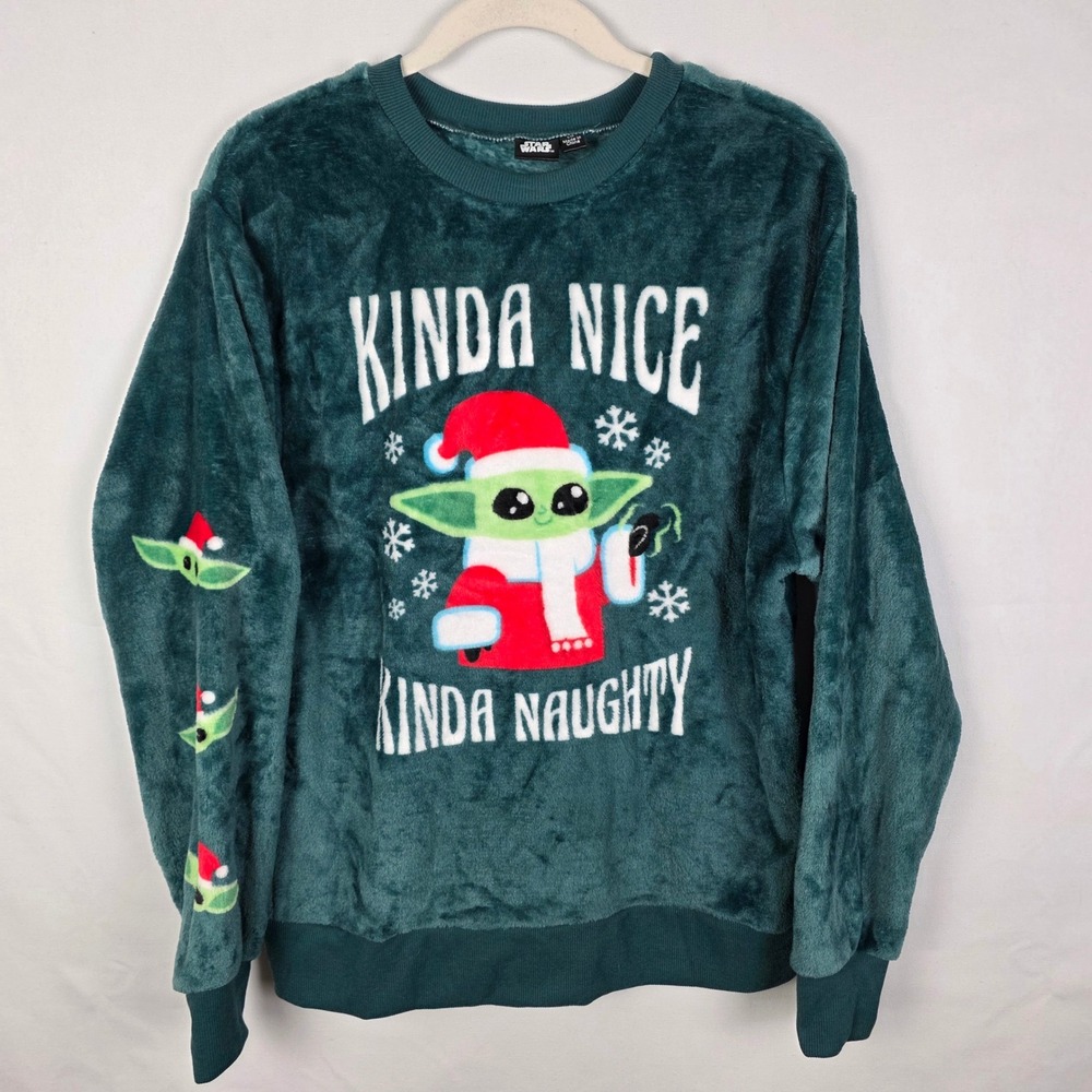 Star Wars Grogu Baby‎ Yoda Christmas Fleece Sweatshirt Teal Green Womens Large